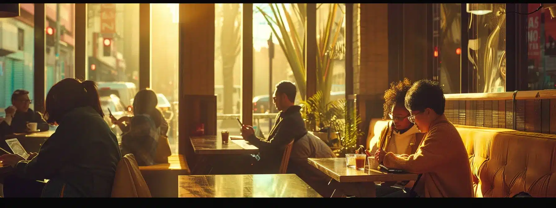 a vibrant, bustling café setting filled with diverse individuals engaged in meaningful conversations, showcasing eye-catching instagram advertisements on their devices, illuminated by warm, natural light filtering through large windows.